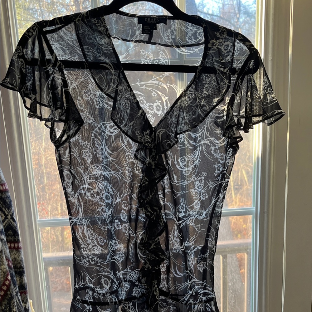 Chaps Sheer Black and White Floral Blouse
